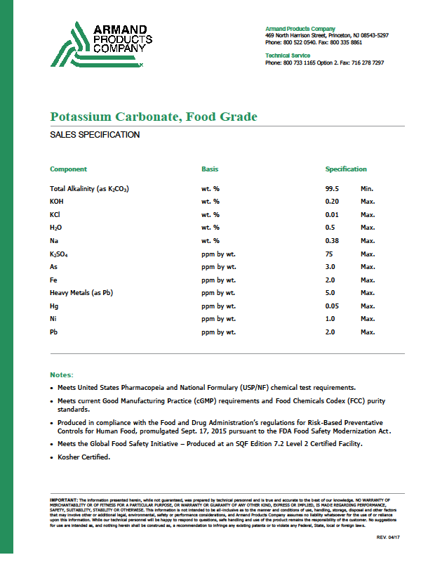 進(jìn)口美國(guó)ARMAND公司產(chǎn)食品級(jí)碳酸鉀